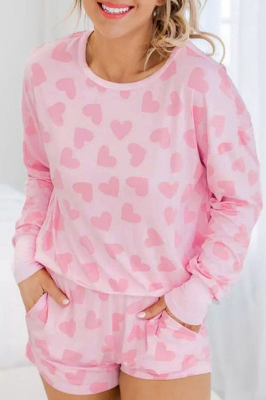 Pink Heart Print Long Sleeve Top and Shorts Loungewear Set