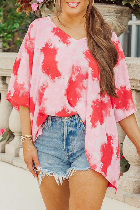 Wholesale Red Plus Size Tie Dye Print 3/4 Sleeve Tunic Top