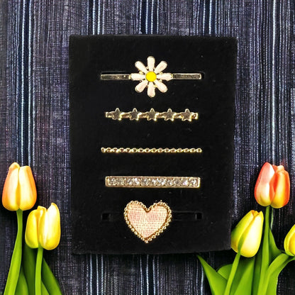 5 Piece Gold Daisy N Hearts Watch Band Charm Set