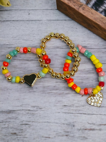 Multicolored Heart Beaded Watch Band Charm Set
